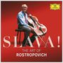 "SLAVA! THE ART OF ROSTROPOVICH". Ein älterer Mann sitzt mit einem Cello auf einem Stuhl vor rotem Hintergrund. 