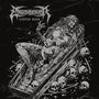 „Endseeker“, „Coffin Born“. Skelettgestalt in einem Sarg, umgeben von Totenschädeln und Knochen in schwarz-weiß.