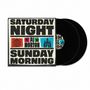 "Saturday Night Sunday Morning" in fettem Text, bunte Symbole darunter; links Disco-Kugel, rechts Kirche. Doppel-Schallplatte.