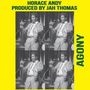 „HORACE ANDY PRODUCED BY JAH THOMAS AGONY“ in grünem Text. Vier identische Schwarz-Weiß-Fotos eines Sängers auf gelbem Hintergrund.