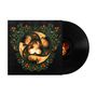 Vinyl-Cover mit floralem Muster und drei verschwommenen Gesichtern in einem Kreis. Schallplatte auf der rechten Seite.