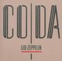 "Coda" und "Led Zeppelin" in großer Schrift, darunter ein roter Strich. Minimalistisches Design, beige Hintergrund.