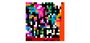 Bunte, verpixelte Illustration mit unleserlichen Buchstaben und zufälligen Farbfeldern.