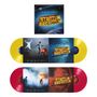 "Stadium Arcadium" in großen, gelben Buchstaben. Gelbe und rote Vinyl-Schallplatten mit Illustrationen von Menschen und Explosionen.