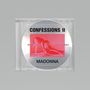 "CONFESSIONS II", "MADONNA". CD-Hülle mit Bild einer Frau in Rot, die auf Händen und Knien posiert.