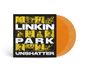 "LINKIN PARK UNSHATTER" in großen weißen Buchstaben. Gelbes und schwarzes Cover, neun Porträts. Orangefarbene Schallplatte.