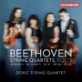 "CHANDOS" Logo. "BEETHOVEN STRING QUARTETS, VOL. 3", "DORIC STRING QUARTET". Verschwommene Personen mit Instrumenten.