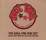 Der Text "SOUL FIRE" steht in roten Buchstaben, umringt von schwarzen und roten Sternen mit Aufschriften "ROUGH FUNK" und "GREAT VALUE!". Darunter: "THE SOUL FIRE BOX SET (RARE SIDES FROM THE SOUL FIRE CATALOG)".