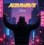 Oben steht "AURAWAVE", darunter "Rise". Eine Person hebt triumphierend die Arme, umgeben von neonbeleuchteten Gebäuden.