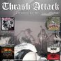 "Thrash Attack - The limited Box Set - 100% oldschool!" Vier Albumcover auf verschwommenem Konzertfoto.