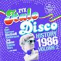 Text: "ZYX Italo Disco History 1986 Volume 2" und Liste von Künstlern. Eine Büste mit Sonnenbrille und Kopfhörern.
