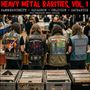 "HEAVY METAL RARITIES, VOL. 1" in roter Schrift. Vier Personen stöbern durch Schallplatten, tragen Rockerjacken mit Bandlogos.