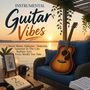 Texte: "Instrumental Guitar Vibes", Liedtitel. Gitarren-Illustration auf Veranda, Sonnenuntergang über See, entspannte Stimmung.