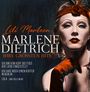Lili Marleen. Marlene Dietrich. Ihre größten Hits. Dunkle Illustration einer Frau mit Perlenschmuck und rotem Lippenstift.