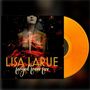 Text: "LISA LARUE forged from fire". Eine Frau mit geschlossenen Augen, umgeben von roten Flammen, daneben eine orangefarbene Schallplatte.