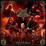 Text: "Dark Funeral", "A Beast To Praise". Eine energiegeladene Bühnenszene mit Musikern in Rüstungen, Flammen und jubelndem Publikum.