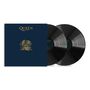 Aufschrift "Queen Greatest Hits II", blaues Cover mit goldenem Wappen. Zwei schwarze Vinyl-Schallplatten.