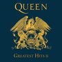 "QUEEN", "Greatest Hits II", goldener Adler und Löwen um ein Wappen auf dunkelblauem Hintergrund.