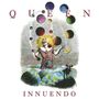 "QUEEN" oben, "INNUENDO" unten. Eine surreale Illustration zeigt einen Clown, der bunte Kugeln jongliert.