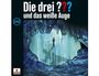 „Die drei ??? und das weiße Auge“ in großer Schrift, mit einer Höhlenillustration und einer Hand, die nach oben greift.