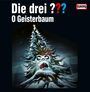 „Die drei ??? O Geisterbaum“ und „EUROPA“. Illustration: Ein Tannenbaum mit schneebedecktem, geisterhaftem Gesicht und bunten Lichtern.
