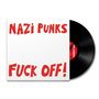 „NAZI PUNKS FUCK OFF!“ in roter Schrift auf weißem Plattencover, daneben eine schwarze Vinyl-Schallplatte.