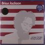 Texte: "Brian Jackson", "now more than ever". Illustration: Graues Porträt vor rot-weiß gestreiftem Hintergrund.