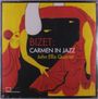 Text: "BIZET: CARMEN IN JAZZ John Ellis Quartet." Illustration: Stilisiertes Bild einer Frau mit rotem Kleid und Fächer.