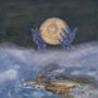 Eine Illustration zeigt blaue Hände, die einen leuchtenden Mond in nebliger Umgebung halten.