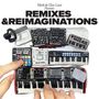 Text: "Mark de Clive-Lowe Presents: REMIXES & REIMAGINATIONS". Hände bedienen Modell von Musikinstrumenten und Geräten.