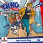 "Der Raub-Zug", TKKG Junior Logo. Kinder und Hund rennen in einem Zug. EUROPA Logo.