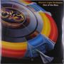 "Electric Light Orchestra Out of the Blue" oben rechts. Große runde Raumstation mit bunten Segmenten und einem Raumschiff. 