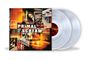 „Primal Scream Vanishing Point“; Collage bunter, abstrakter Bilder und zwei silbern schimmernde Vinyl-Schallplatten.
