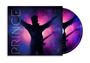 „PRINCE“, „TIMELESS“ in Neonfarben. Silhouette einer Person mit Gitarre vor lila-blauem Licht.