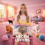 Text: "NEGEN LEVENS". Eine blonde Frau, gefesselt mit Garn, sitzt auf einem rosa Teppich, umgeben von Katzen.
