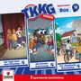 Logo "TKKG Junior Spürnasen-Box 12", Titel: "Die Jagd nach dem Phantom", "Die Schoko Erpressung", "Der rätselhafte Brandstifter". Illustrationen zeigen Kinder in Abenteuerszenen. Europa-Logo.