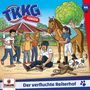 „TKKG Junior“, „Der verfluchte Reiterhof“, Nummer 44; Kinder, ein Mann, ein Pferd, ein Hund vor einem Reiterhof.