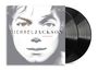 Text: "MICHAEL JACKSON INVINCIBLE". Porträt eines Gesichts in Grau. Zwei Schallplatten dahinter. Albumcover.