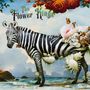 Text: „The Flower Kings“. Zebra mit Blumen und Schmetterlingen verziert, Meereslandschaft im Hintergrund.