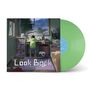 "Look Back" und "Music by haruka nakamura". Illustration: Person am Schreibtisch, grüne Vinyl-Schallplatte.