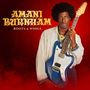 „AMANI BURNHAM ROOTS & WINGS“ steht vor rotem Hintergrund. Eine Person hält eine blaue E-Gitarre.