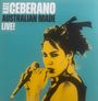 Text: "KATE CEBERANO AUSTRALIAN MADE LIVE!" Eine Frau mit Mikrofon in der Hand, grafisch in Gelb und Schwarz vor türkisfarbenem Hintergrund.