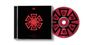 Ein rotes, geometrisches Emblem auf schwarzem Hintergrund mit Buchstaben in gotischer Schrift. CD und Cover sind sichtbar.