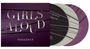 Text: "GIRLS ALOUD", "TANGLED UP". Mehrere CDs in violetten und grauen Tönen mit abstrakten Linien.