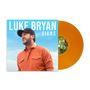 Text: "LUKE BRYAN SIGNS". 
Ein Mann in orangem Hemd und schwarzer Kappe lächelt vor blauem Himmel. Links ein orangener Schallplatte.