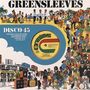 „GREENSLEEVES“, „DISCO 45“, Adresse in London. Reggae-Illustration mit tanzenden Menschen, Plattenspieler und Musiker.
