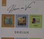 „Herman van Veen“, drei CD-Cover: „Signalen“, „De Wisselaars“, „Anne“. Überschrift: „DRIELUIK“.