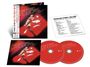 "ROLLING STONES LIVE LICKS" auf CD-Hüllen und Cover mit Frau, roter Zunge, Setlist und zwei CDs mit gleichem Titel.