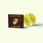CD-Cover mit "ROLLING STONES", "IN THE STARS", Logo mit herausgestreckter Zunge. CD in Gelb daneben.