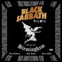 Schrift "Black Sabbath THE END", "4 February 2017 Birmingham", Namen: Ozzy Osbourne, Tony Iommi, Geezer Butler. Fledermausfigur.